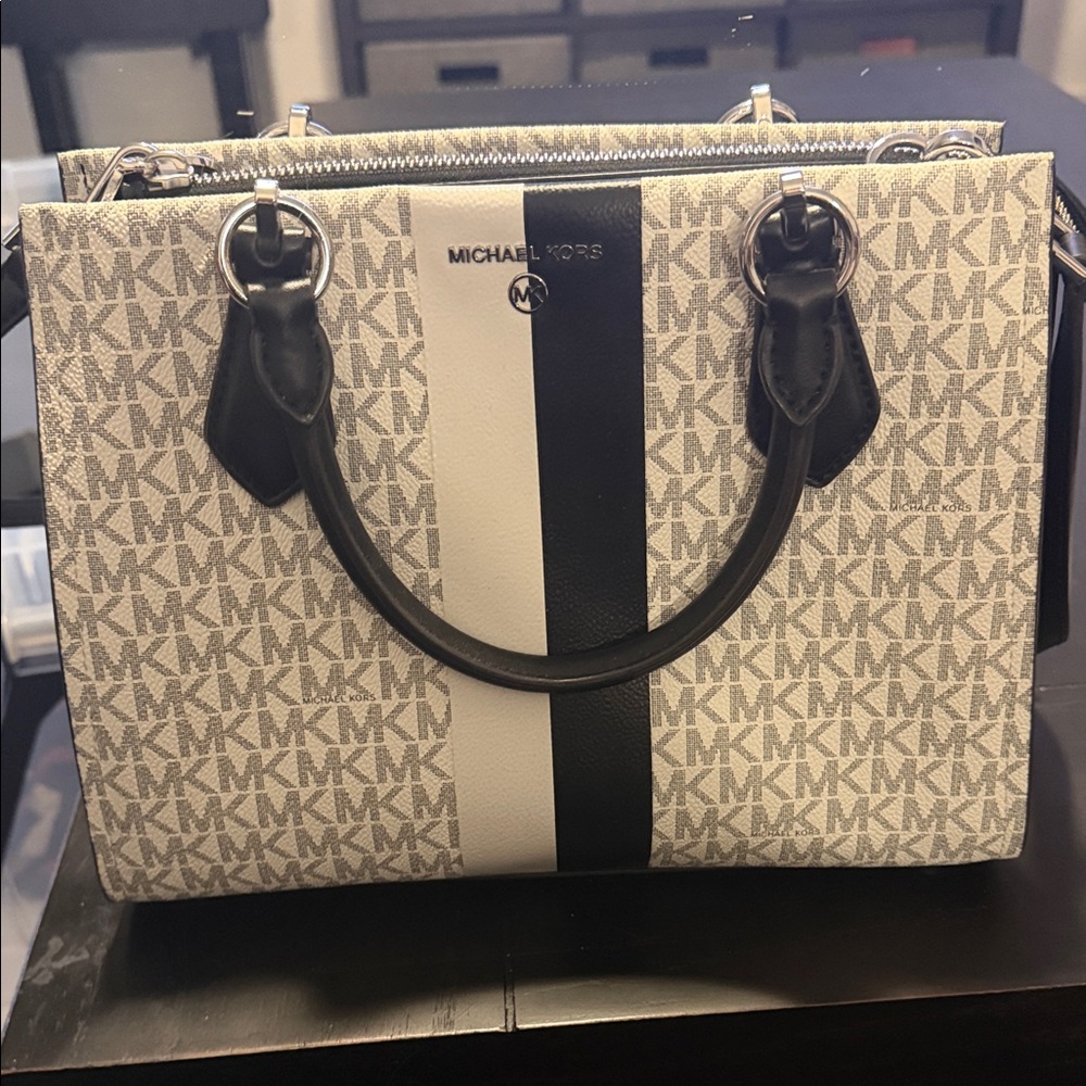 Michael Kors Beige Monogram Satchel with Black and White Stripe